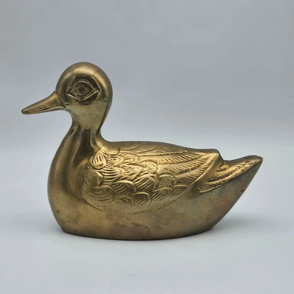 Vintage Solid Brass Duck Figurine Sculpture Detailed Feathers Warm Patina 6.5